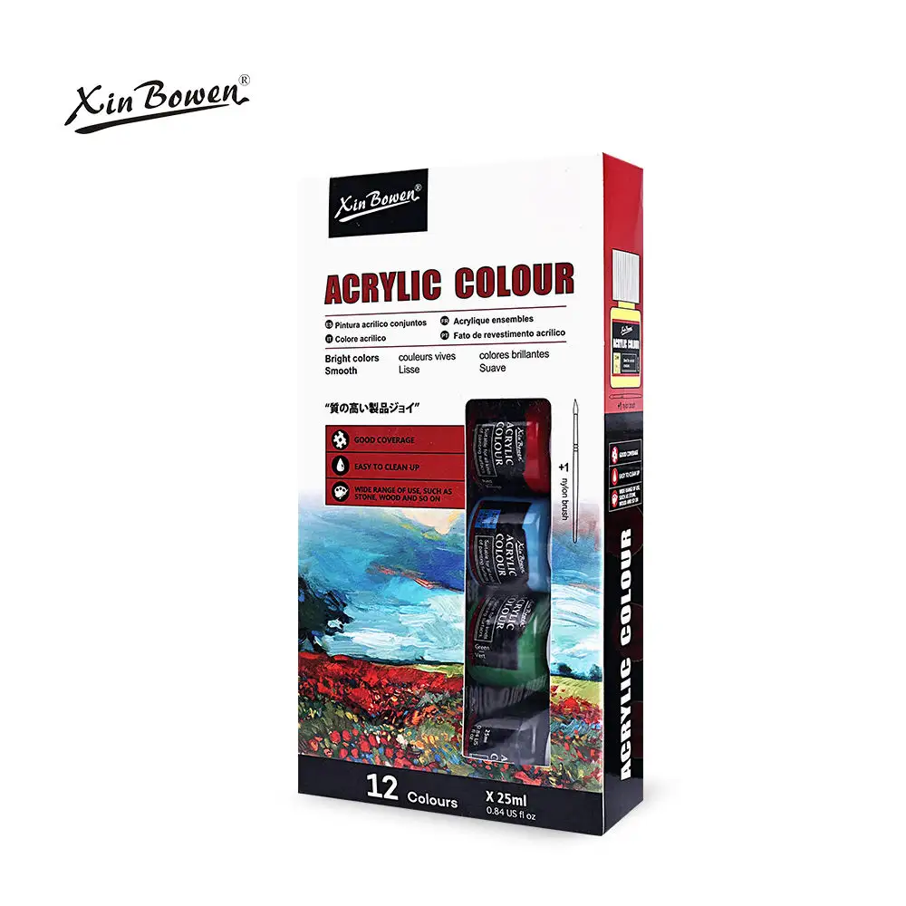 Xin Bowen 25ml 12 couleurs artiste peinture populaire acrylique couleur bouteille emballage Super qualité peinture acrylique pour la peinture d'art