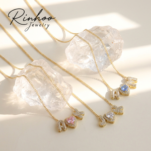 Collana con Ciondolo a Forma di Cuore con Zircone Rosa e Lettera Iniziale RINHOO DIY per Donne, Placcata in Oro, Gioiello Trendy - Product Image 1
