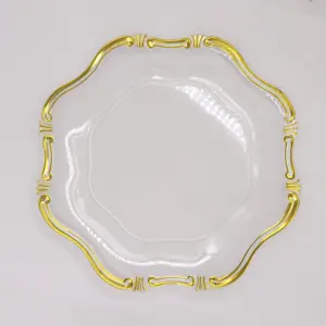 Placas cargador de plástico de fácil lavado con borde de oro transparente irregular estilo bambú al por mayor para Bodas de 13 pulgadas