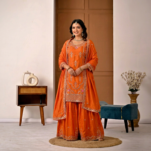 Ensemble Salwar Kameez Traditionnel en Soie Brodé pour Femme, Longueur Genou, Style Indien et Pakistanais, Idéal pour Mariages, Fêtes et Diwali, Coupe Classique, Taille Unique - Product Image 1
