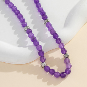 Collier de perles d'améthyste en pierre naturelle, forme boule violette, design géométrique, chaîne de pull tendance, bijoux à superposer - Product Image 1