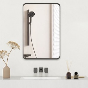 Espejo de tocador rectangular redondeado con marco de metal montado en la pared negro moderno para Baño - Product Image 1