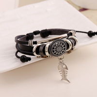 Bracelet en cuir avec breloque en os de poisson pour hommes et femmes, bracelet multi-couches en alliage d'argent antique perlé, noir
