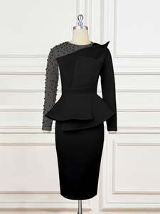 Vestidos Elegantes de Oficina para Mujer, Estilo Primavera, con Parches, Peplum, Adornados con Cuentas - Product Image 2