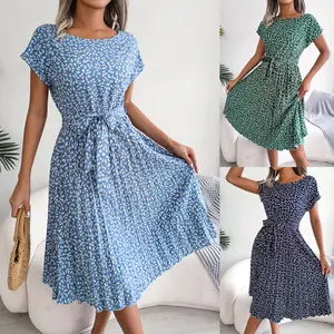 Summer Top Sell Fashion Cowl Neck Midi Dress Women Elegant Casual Floral Print Clothing Long Dress Floral Short Sleeves