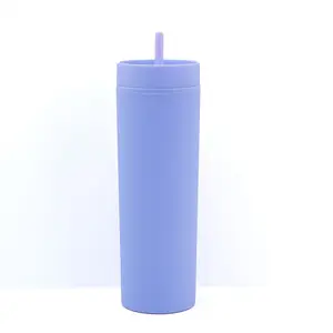 16oz mat Pastel renkli sıska Tumblers çift duvarlı kullanımlık plastik akrilik seyahat yüzlü içecek çay