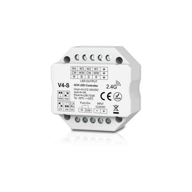 SKYDANCE V4-S 12-24VDC 4CH Wireless Constant Voltage Dimmer RF Wireless Dimming LED Controller for RGBW/RGB/CCT LED Strips
