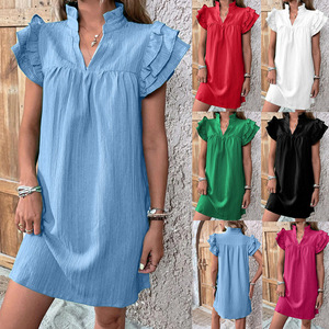 Women's <b>Summer</b> Sweet Breathable New Fashion Solid Mini A-Line Dress Multi-Layered Ruffle Sleeve V-Neck Pullover Versatile - Product Image 3