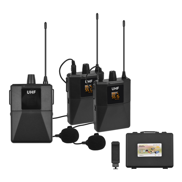 UHF Wireless Microphone System with 2 Body-pack Microphone Transmitters Receiver for Smartphone Camera Video Recording Interview