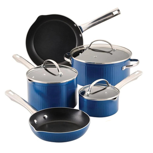 Ensemble de casseroles antiadhésives bleues avec couvercles en verre, poignées en acier inoxydable, 5 pièces, design moderne pour cuisinières à gaz et à induction - Product Image 1
