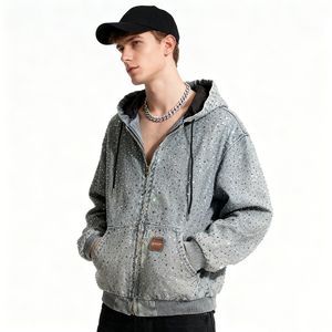 Herstellerdesigner Punk Baumwolle Übergroßer Reißverschluss-Hoodie mit Diamant-Strasssteinen Streetwear Vintage Herren Jeans-Denim-Jacke - Product Image 1