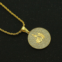 Musulman Islam Coran Allah Badge Pièce Pendentif Collier Plaqué Or Moyen Orient Alliage Mode Bijoux Personnalisés Fait Main Zircon RQ