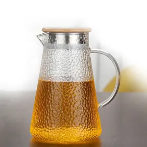 竹盖子高硼硅玻璃壶冷热水壶玻璃水壶果汁玻璃瓶冰茶水罐1400毫升
