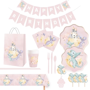 DAMAI - Juego de Vajilla Desechable con Diseño de Dinosaurios, Platos de Papel con Diseño de Castillo Rosa, Servilletas y Pancarta para Fiestas - Product Image 3