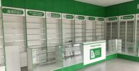 Mobilier d'intérieur pour pharmacie tout-en-un avec comptoir de caisse, taille personnalisée OEM/ODM, éclairage LED vert, respectueux de l'environnement