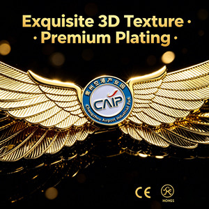 Badges de revers en alliage de zinc plaqué or 3D avec logo personnalisé, épingles en émail en forme d'aile pour uniformes d'aviation et cadeaux d'entreprise - Product Image 2