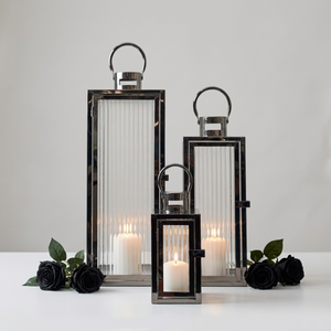 Manufacturers Black Nickel Metal Candle Lanterns with Ribbed <b>Glass</b> for Home & Weddings Decoration - Product Image 1