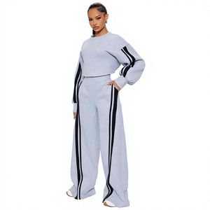 Casual <b>Women</b> Tracksuit Set Two Piece Outfits Zip Up Long Sleeve Coat <b>Stripe</b> Print Straight Wide Leg <b>Trousers</b> Sweat suit - Product Image 1