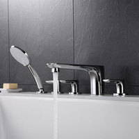 Robinet de baignoire romain à bec courbé en chrome poli avec douchette à main, 5 trous, triple levier fin, douchette ronde, robinet de baignoire à montage sur pont