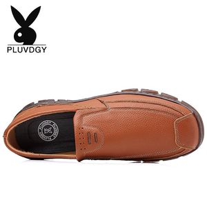 Mocassins pour hommes Pluvdgy en cuir véritable, bout rond, semelle extérieure en caoutchouc respirante, chaussures bateau toutes saisons - Product Image 1