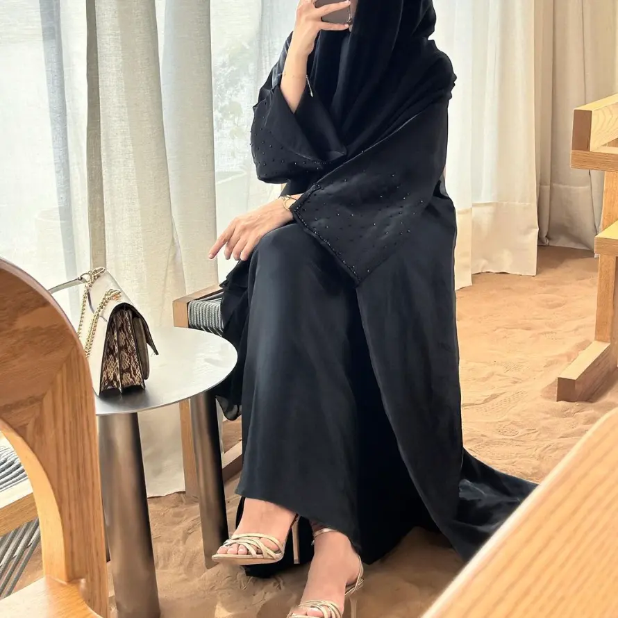 Produsen abaya grosir baru Lebaran mewah manik-manik hitam bordir elegan Muslim kualitas tinggi Abaya