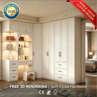 Armoire de style crème avec coiffeuse intégrée, meuble de maquillage avec éclairage LED, dressing sur mesure pour toute la chambre
