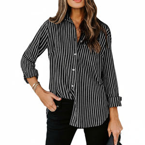 Camisas a rayas con botones para mujer, camisa de vestir a rayas de algodón, blusas de trabajo de oficina con cuello de manga larga, Tops - Product Image 1