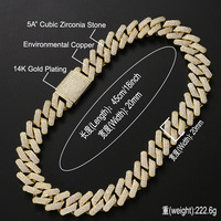 Chaîne cubaine BES 20 mm avec 3 rangs de zircons cubiques 5A sertis, fermoir boîte, collier plat, bijoux hip-hop rap pour hommes