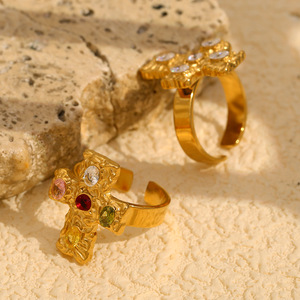 18K Pvd Gold Plated Hammered Cross Cz 316L Stainless Steel Waterproof Hypoallergenic Adjustable <b>Statement</b> <b>Ring</b> For Women - Product Image 6