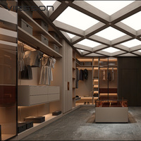 Sistema Moderno per Cabina Armadio con Ante a Persiana in Legno Chiaro, Aste Appendiabiti, Cassetti, Espositore per Cappelli Grigio, Design Personalizzato