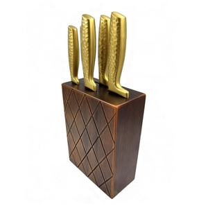 Ensemble de couteaux de cuisine en acier inoxydable revêtu de titane, couteau de cuisine doré avec base en bois, vente chaude - Product Image 4