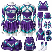 Ensemble d'uniforme de cheerleading violet et turquoise personnalisé avec strass, col simulé à trois découpes, jupe à volants superposés thermocollée, tenue de cheerleading