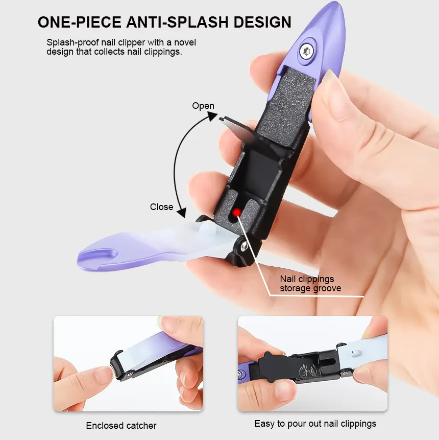 Cortador de uñas de autorecolección de gran apertura resistente con Catcher Gradient Purple Anti Splash Fingernail Clipper para hombres