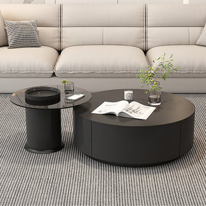 Ensemble de <span class=keywords><strong>table</strong></span> basse <span class=keywords><strong>en</strong></span> <span class=keywords><strong>verre</strong></span> minimaliste moderne <span class=keywords><strong>avec</strong></span> rangement pour petit salon - design rond, meubles de salon - Product Image 3