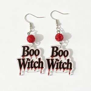 Boucles d'oreilles pendantes en acrylique avec lettres effet sang coulant pour Halloween, motif Boo Sorcière et texte effrayant, bijoux de fête gothiques - Product Image 6