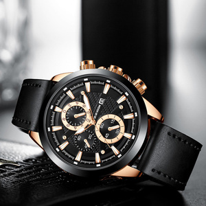 Fashion Mens Luxury Chronograph Watch Black Gold <b>Case</b> Textured Dial Leather Strap Quartz Wristwatch for Gift - Product Image 6