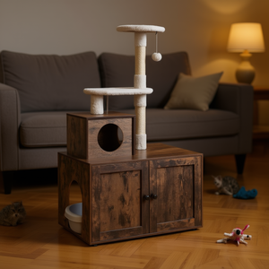Árbol para Gatos con Recinto para Caja de Arena, 2 Niveles, Estilo Clásico de Madera, Diversión y Comodidad para Felinos en Interiores - Product Image 2