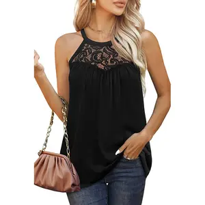 Phụ Nữ Mùa Hè Mới Phổ Biến Ren Pleated Tank Tops Lỏng Phù Hợp Mùa Hè Ren Halter Tops Không Tay T-Shirt