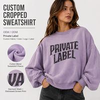 Sweat-shirt ras du cou en molleton mélangé de coton pour femme, coupe courte, délavé, imprimé sérigraphié, style décontracté, vente en gros