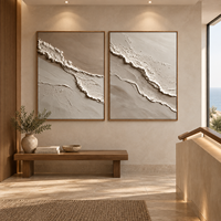 Diptyque abstrait en relief superposé beige taupe, 2 pièces, art sur toile neutre Wabi Sabi pour la décoration d'hôtel, de villa ou de salon