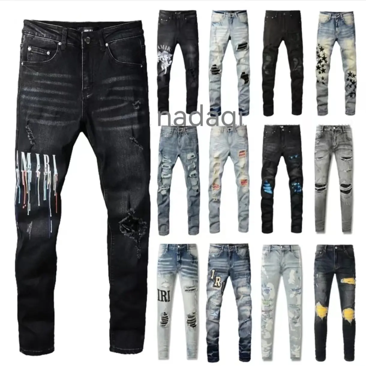 Amiry Jeans High Quality Streetwear Hiphop Well-worn Faded Vintage Distressed Ripped Patch Denim Baggy Designer Men Amiry Jeans