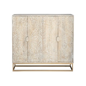 Hand-Carved Wooden <b>Sideboard</b> Cabinet with Floral Sunburst Design | Antique White <b>Storage</b> Console with Metal Base | Living Room - Product Image 2