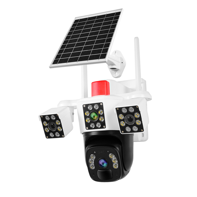 Outdoor Solar CCTV Security IP Camera Three Lenses 10X Zoom Color Night Vision Detection Wide Angle Memory Card PTZ Pan-Tilt