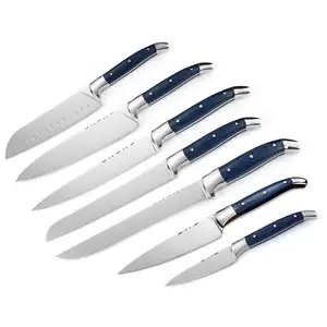 MANJIA Set pisau dapur Jepang 7 buah, Set pisau koki Laguiole Stainless Steel profesional gagang kayu