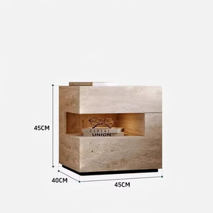 Comodino Moderno Effetto Travertino Eco-Friendly con Illuminazione LED, Tavolino da Notte in Finta Pietra, Arredamento Minimalista Nordico in Legno per Hotel - Product Image 5