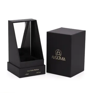 Luxo tampa e base inferior rígido preto papelão personalizar embalagem perfume garrafa com caixa