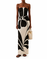 Fabricant OEM de robes sur mesure – Robe longue moulante bustier froncée pour femme avec imprimé floral abstrait noir et blanc
