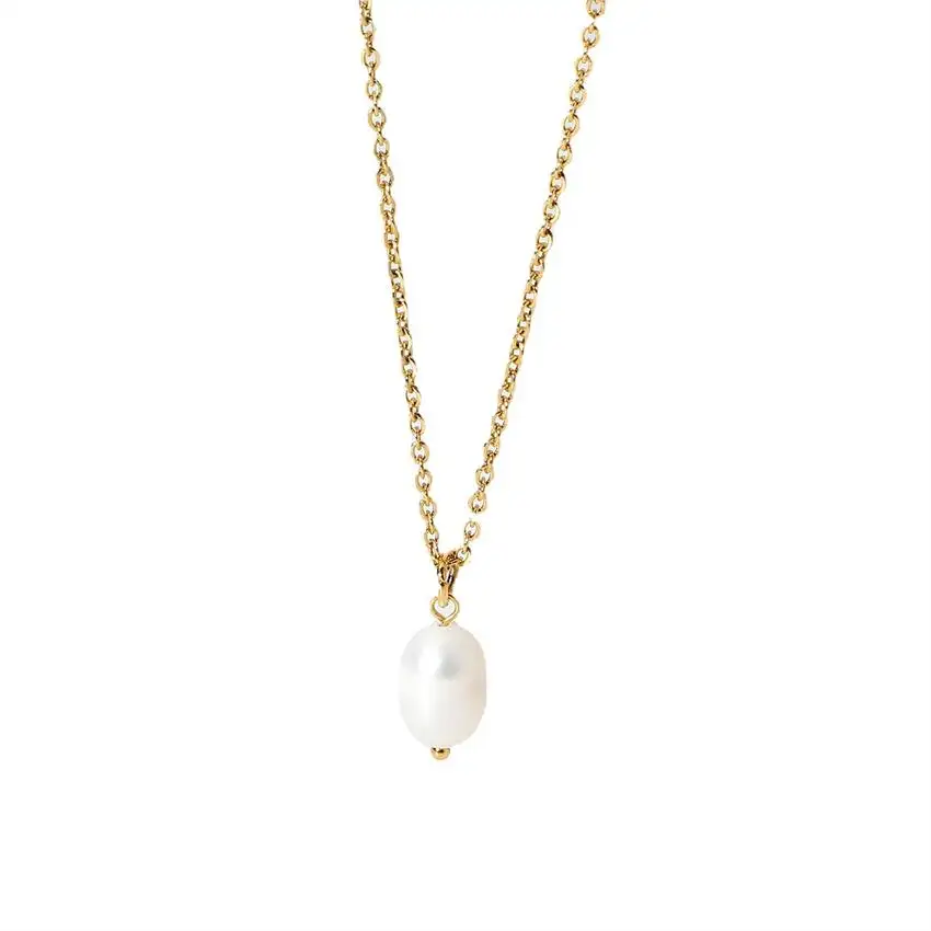 Luxury Women's Baroque Pearl Pendant Stainless Steel 18K Gold Plated Cross Chain Linked Freshwater Pearl Necklace