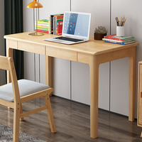 Escritorio Nórdico Minimalista de Madera Maciza de Caucho, Color Natural, Mesa de Trabajo para Oficina en Casa con Cajón, Mesa de Estudio para Computadora Portátil