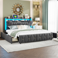 Cadre de lit en tissu gris avec éclairage LED RGB, télécommande via application, chargement USB Type C, 4 tiroirs et rangement dans la tête de lit, taille Queen